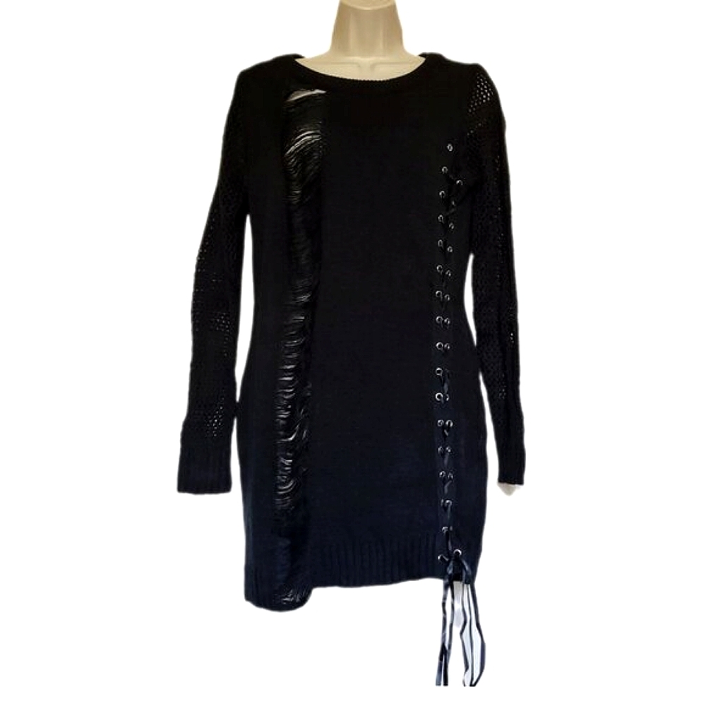 Black Distressed Knit Sweater Dress Lace Up Size Medium NWOT